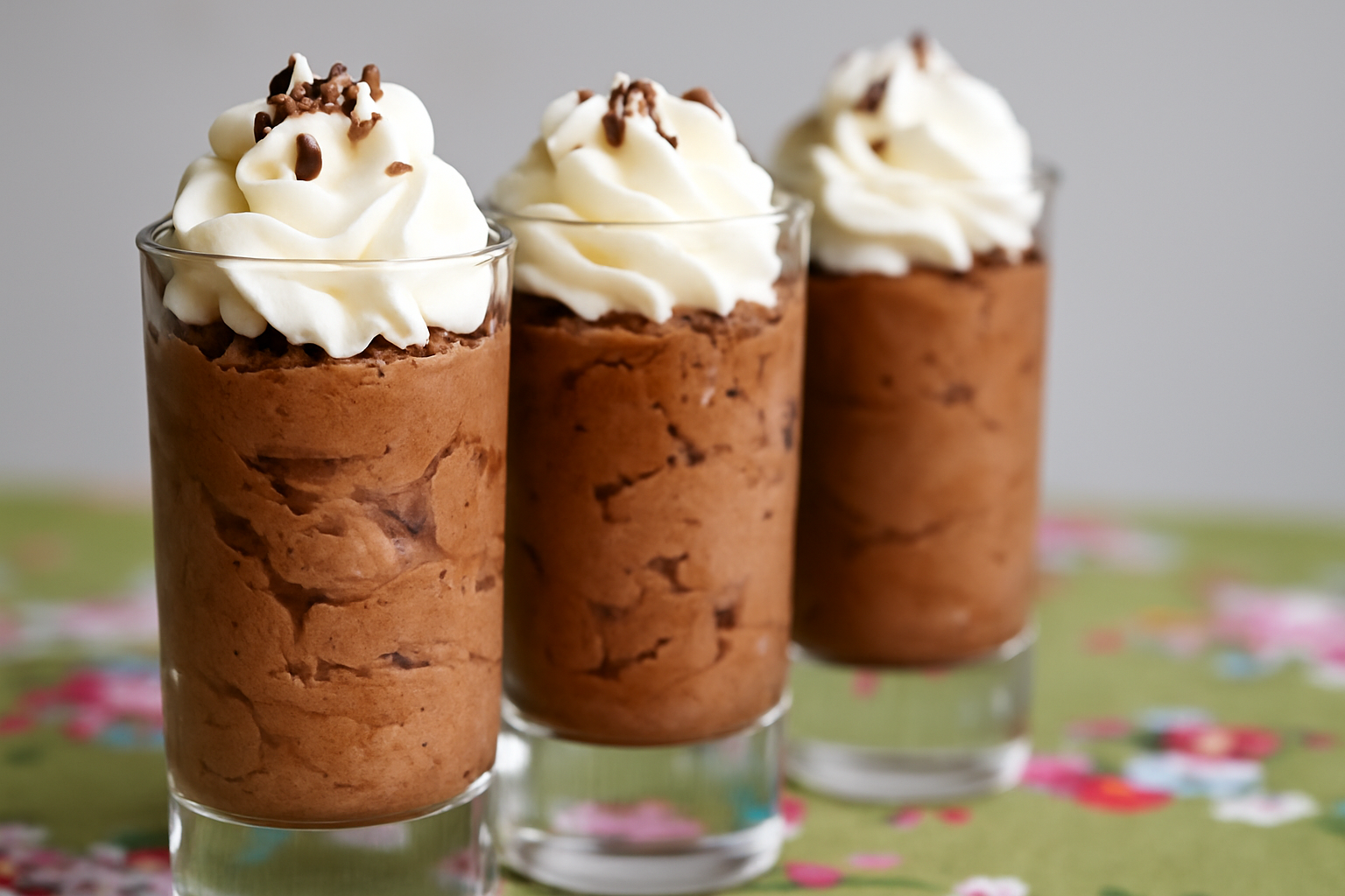 Three individual servings of Dumle chocolate mousse in clear glasses, topped with whipped cream and set on a light background.